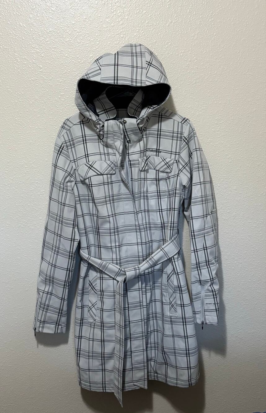 Women’s Columbia Plaid Belted Rain Trench Coat Jacket Zip Detachable Hood, XL
